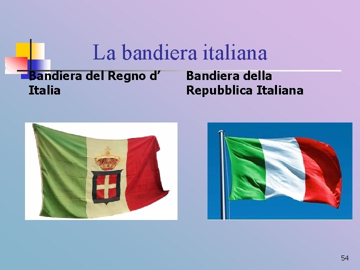 La bandiera italiana Bandiera del Regno d’ Italia Bandiera della Repubblica Italiana 54 