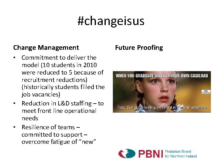 #changeisus Change Management • Commitment to deliver the model (10 students in 2010 were