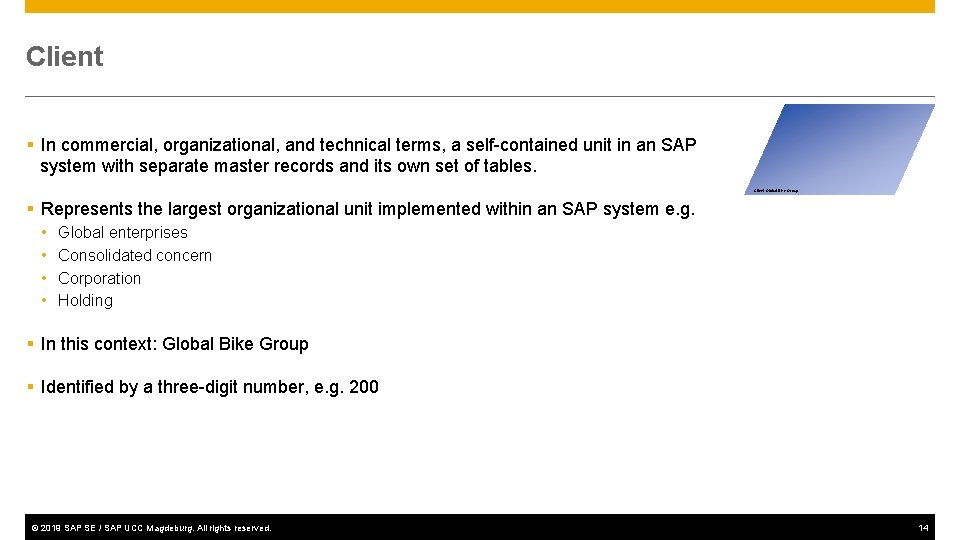 Client § In commercial, organizational, and technical terms, a self-contained unit in an SAP