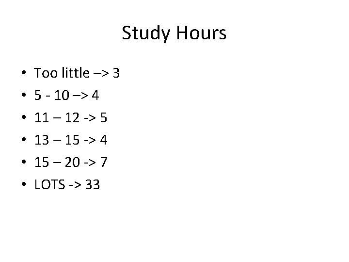 Study Hours • • • Too little –> 3 5 - 10 –> 4