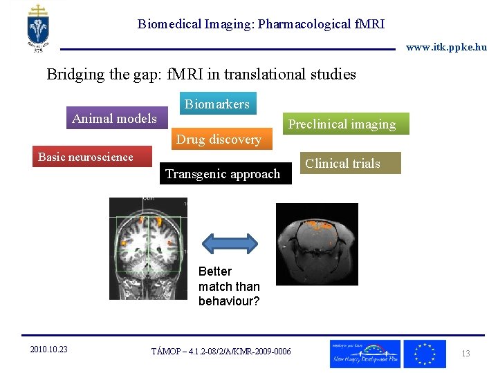 Biomedical Imaging: Pharmacological f. MRI www. itk. ppke. hu Bridging the gap: f. MRI
