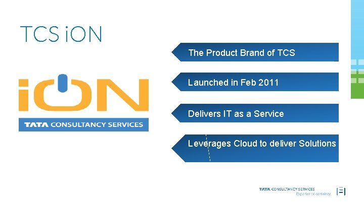 TCS i. ON The Product Brand of TCS Launched in Feb 2011 Delivers IT
