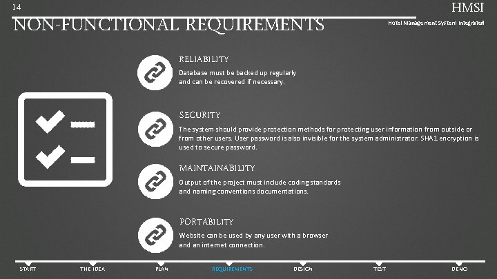 HMSI 14 NON-FUNCTIONAL REQUIREMENTS Hotel Management System Integrated RELIABILITY Database must be backed up