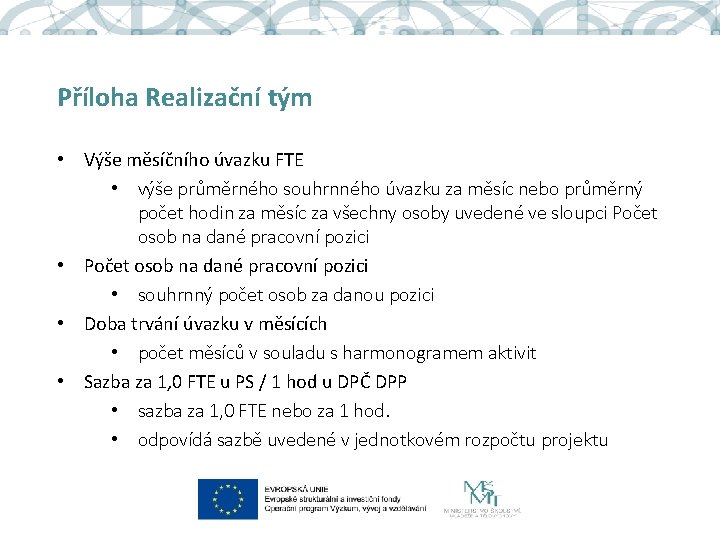 Příloha Realizační tým • Výše měsíčního úvazku FTE • výše průměrného souhrnného úvazku za