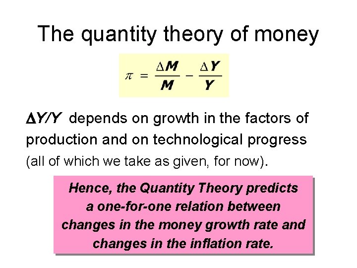 The quantity theory of money Y/Y depends on growth in the factors of production