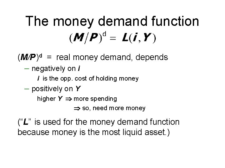 The money demand function (M/P )d = real money demand, depends – negatively on