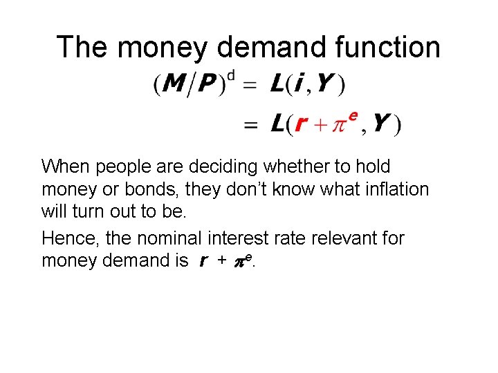 The money demand function When people are deciding whether to hold money or bonds,