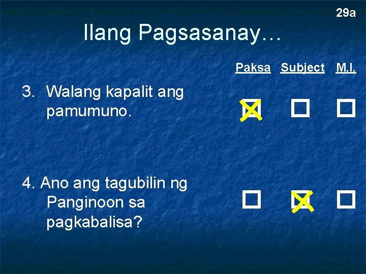 29 a Ilang Pagsasanay… Paksa Subject M. I. 3. Walang kapalit ang pamumuno. 4.