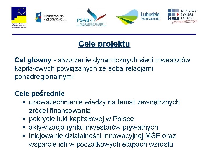 Cele projektu Cel główny - stworzenie dynamicznych sieci inwestorów kapitałowych powiązanych ze sobą relacjami