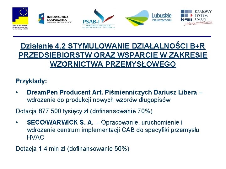 Działanie 4. 2 STYMULOWANIE DZIAŁALNOŚCI B+R PRZEDSIĘBIORSTW ORAZ WSPARCIE W ZAKRESIE WZORNICTWA PRZEMYSŁOWEGO Przykłady: