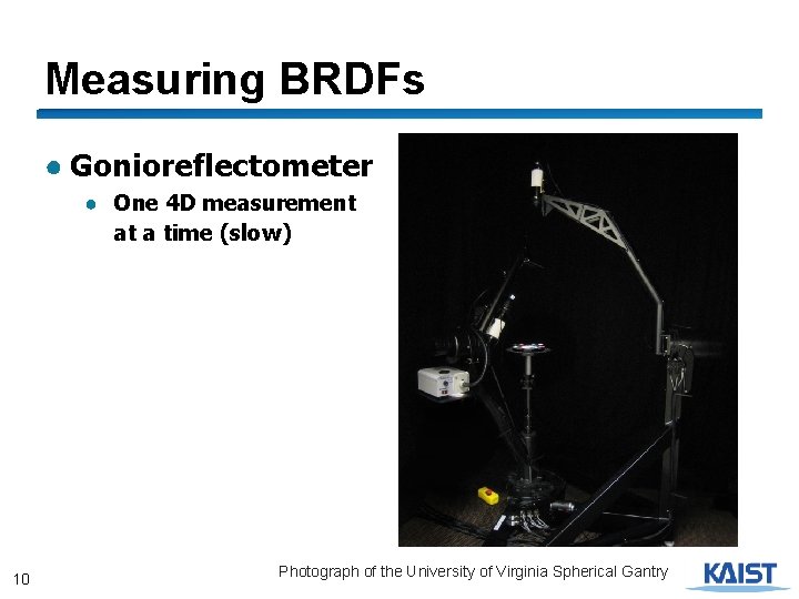 Measuring BRDFs ● Gonioreflectometer ● One 4 D measurement at a time (slow) 10