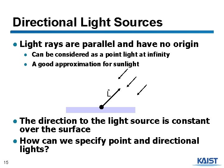 Directional Light Sources ● Light rays are parallel and have no origin ● Can