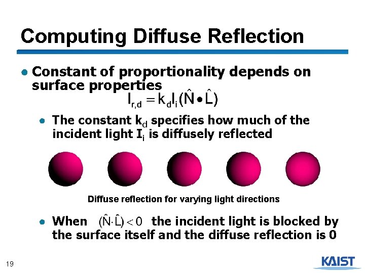 Computing Diffuse Reflection ● Constant of proportionality depends on surface properties ● The constant