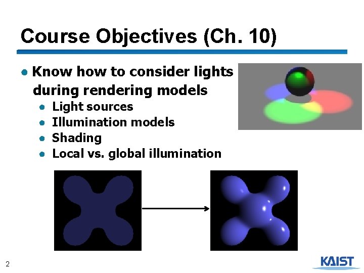 Course Objectives (Ch. 10) ● Know how to consider lights during rendering models ●