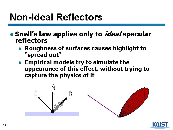 Non-Ideal Reflectors ● Snell’s law applies only to ideal specular reflectors ● Roughness of