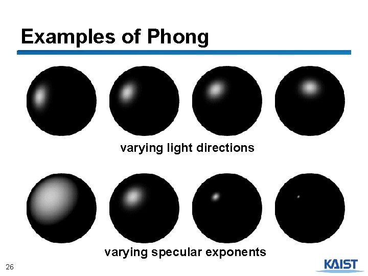 Examples of Phong varying light directions varying specular exponents 26 