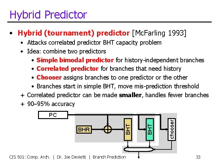 Hybrid Predictor • Hybrid (tournament) predictor [Mc. Farling 1993] • Attacks correlated predictor BHT
