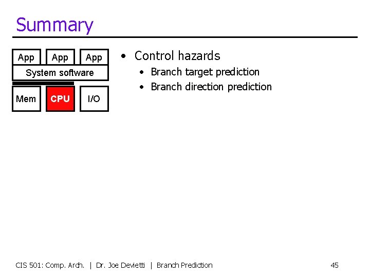Summary App App System software Mem CPU • Control hazards • Branch target prediction