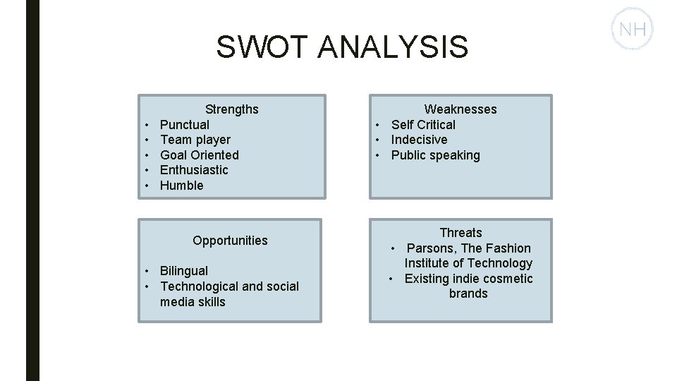 SWOT ANALYSIS • • • Strengths Punctual Team player Goal Oriented Enthusiastic Humble Opportunities