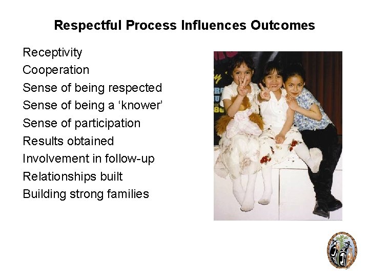 Respectful Process Influences Outcomes Receptivity Cooperation Sense of being respected Sense of being a Respectful Process Influences Outcomes Receptivity Cooperation Sense of being respected Sense of being a