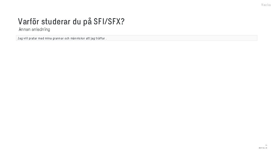 Nacka Varför studerar du på SFI/SFX? Annan anledning Jag vill pratar med mina grannar