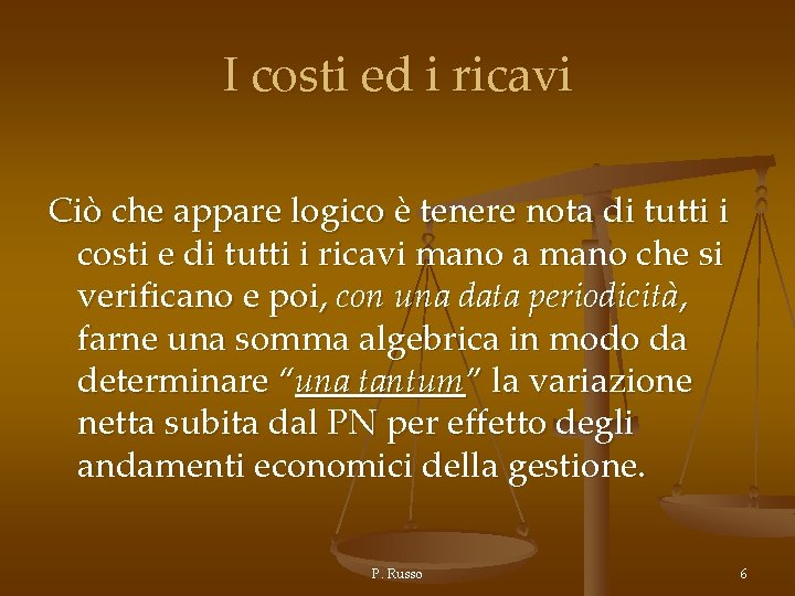 I costi ed i ricavi Ciò che appare logico è tenere nota di tutti