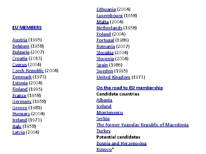 EU MEMBERS Austria (1995) Belgium (1958) Bulgaria (2007) Croatia (2013) Cyprus (2004) Czech Republic