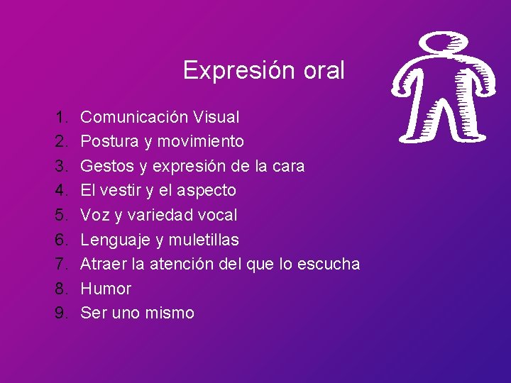 Expresión oral 1. 2. 3. 4. 5. 6. 7. 8. 9. Comunicación Visual Postura Expresión oral 1. 2. 3. 4. 5. 6. 7. 8. 9. Comunicación Visual Postura