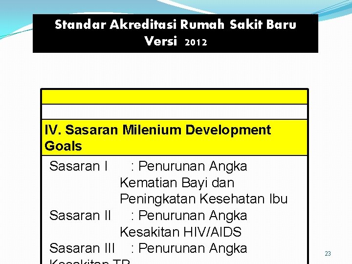 Standar Akreditasi Rumah Sakit Baru Versi 2012 IV. Sasaran Milenium Development Goals Sasaran I