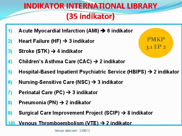 INDIKATOR INTERNATIONAL LIBRARY (35 indikator) 1) Acute Myocardial Infarction (AMI) 6 indikator 2) Heart