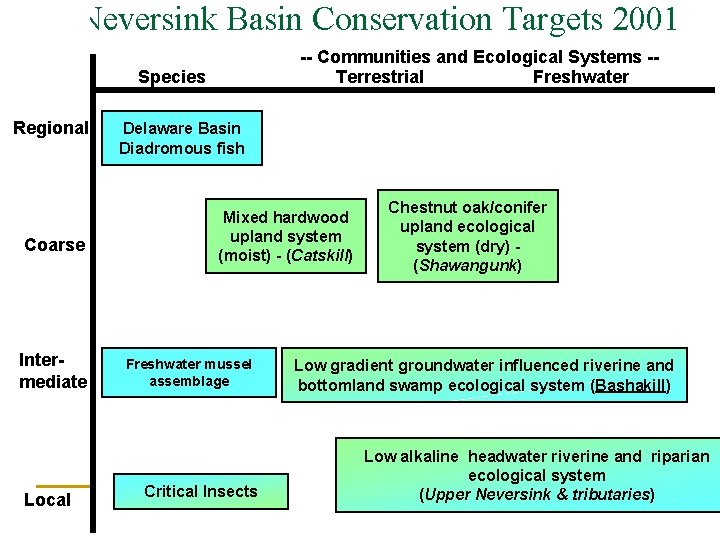 Neversink Basin Conservation Targets 2001 -- Communities and Ecological Systems -Terrestrial Freshwater Species Regional