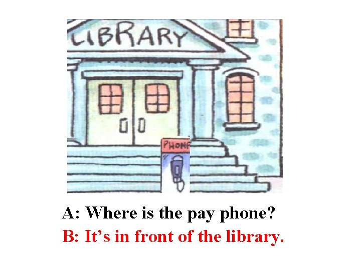 A: Where is the pay phone? B: It’s in front of the library. 