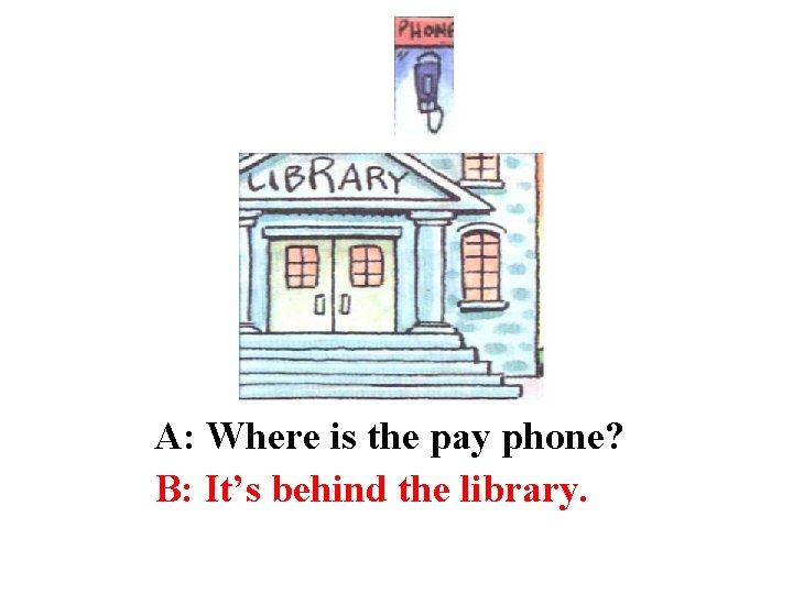 A: Where is the pay phone? B: It’s behind the library. 