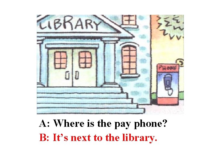 A: Where is the pay phone? B: It’s next to the library. 