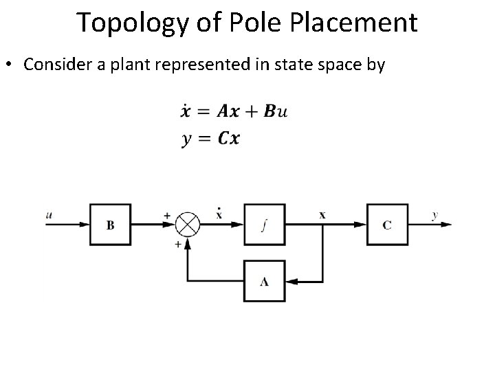 Topology of Pole Placement • Consider a plant represented in state space by 