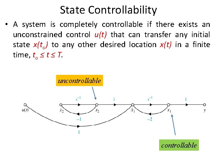 State Controllability • A system is completely controllable if there exists an unconstrained control