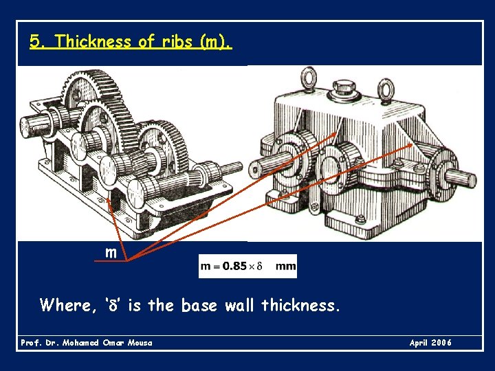 5. Thickness of ribs (m). m Where, ‘ ’ is the base wall thickness.