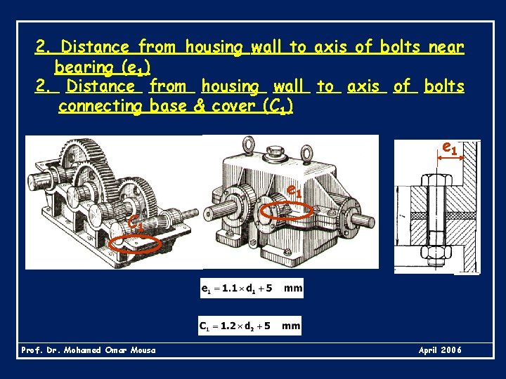 2. Distance from housing wall to axis of bolts near bearing (e 1) 2.