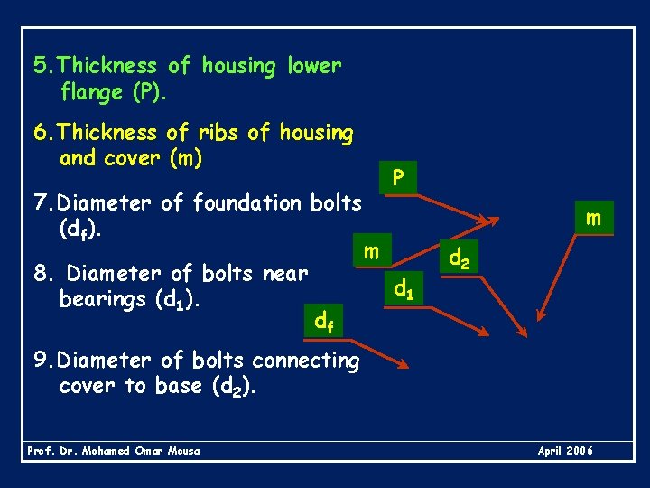 5. Thickness of housing lower flange (P). 6. Thickness of ribs of housing and