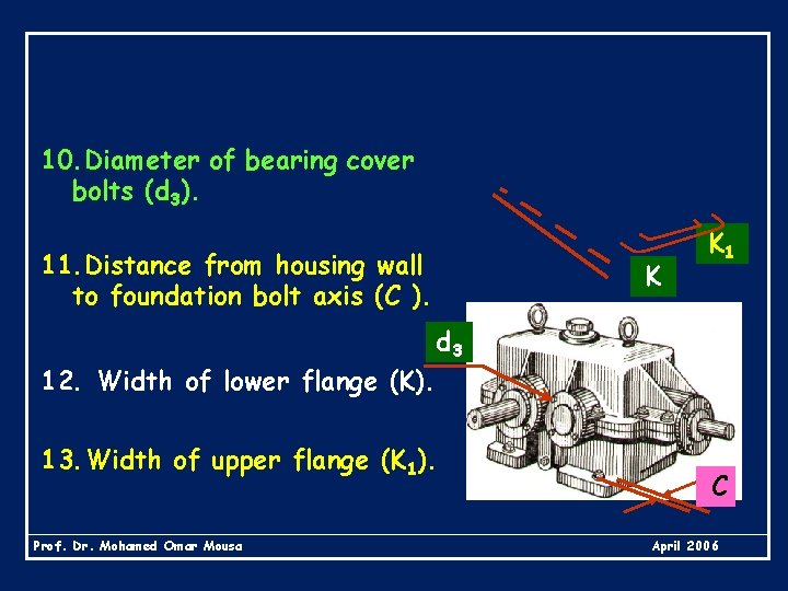 10. Diameter of bearing cover bolts (d 3). 11. Distance from housing wall to
