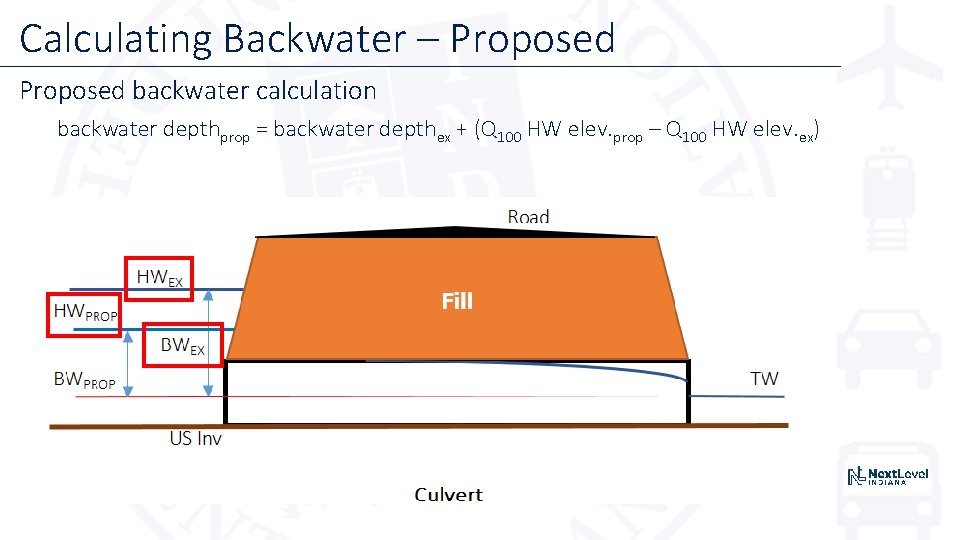 Calculating Backwater – Proposed backwater calculation backwater depthprop = backwater depthex + (Q 100