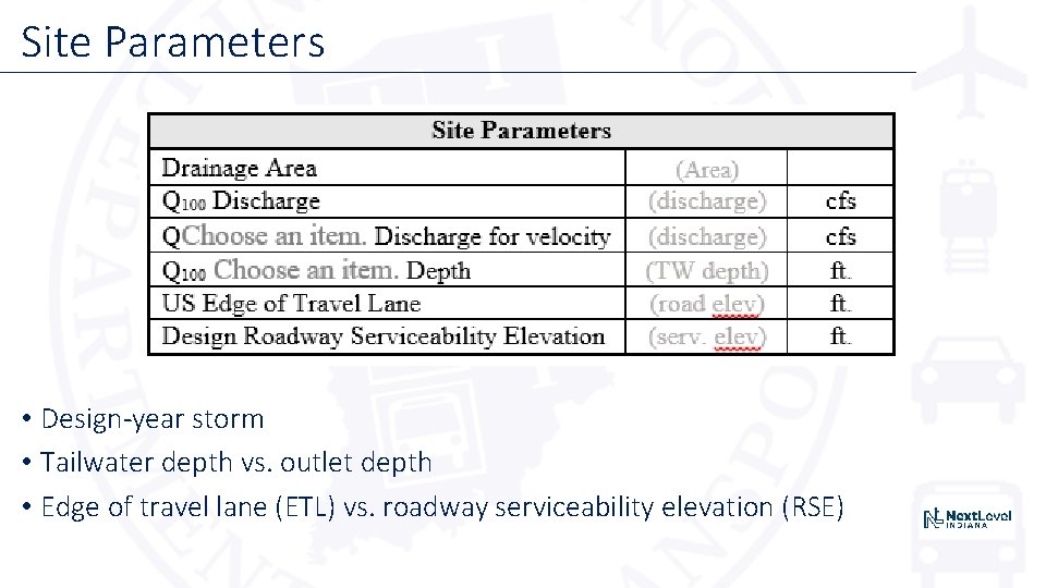 Site Parameters • Design year storm • Tailwater depth vs. outlet depth • Edge