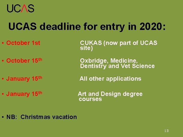 UCAS deadline for entry in 2020: • October 1 st CUKAS (now part of