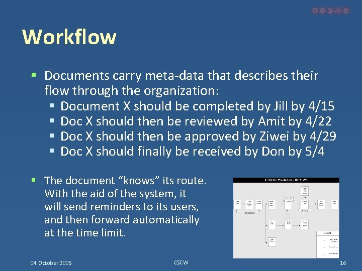Workflow § Documents carry meta-data that describes their flow through the organization: § Document