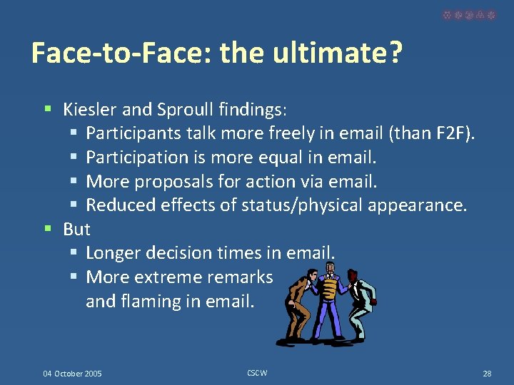 Face-to-Face: the ultimate? § Kiesler and Sproull findings: § Participants talk more freely in