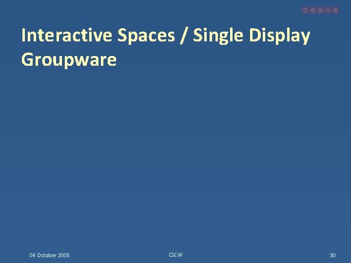 Interactive Spaces / Single Display Groupware 04 October 2005 CSCW 30 