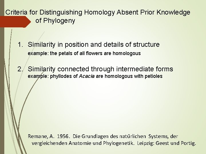 Criteria for Distinguishing Homology Absent Prior Knowledge of Phylogeny 1. Similarity in position and
