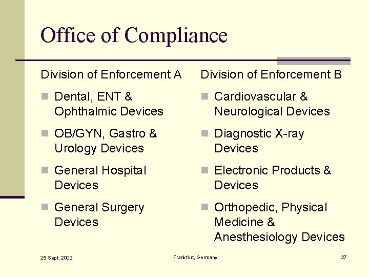 Office of Compliance Division of Enforcement A Division of Enforcement B n Dental, ENT