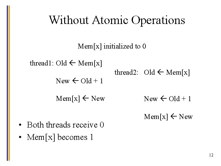 Without Atomic Operations Mem[x] initialized to 0 thread 1: Old Mem[x] thread 2: Old