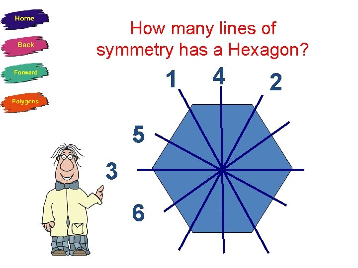 How many lines of symmetry has a Hexagon? 1 5 3 6 4 2